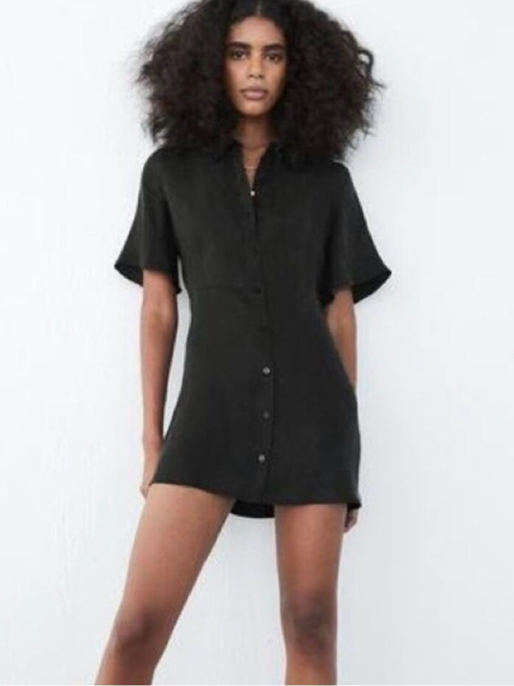 Zara Black Button Front Mini Shirt Dress Short Sleeve Collared Flowy Size Large